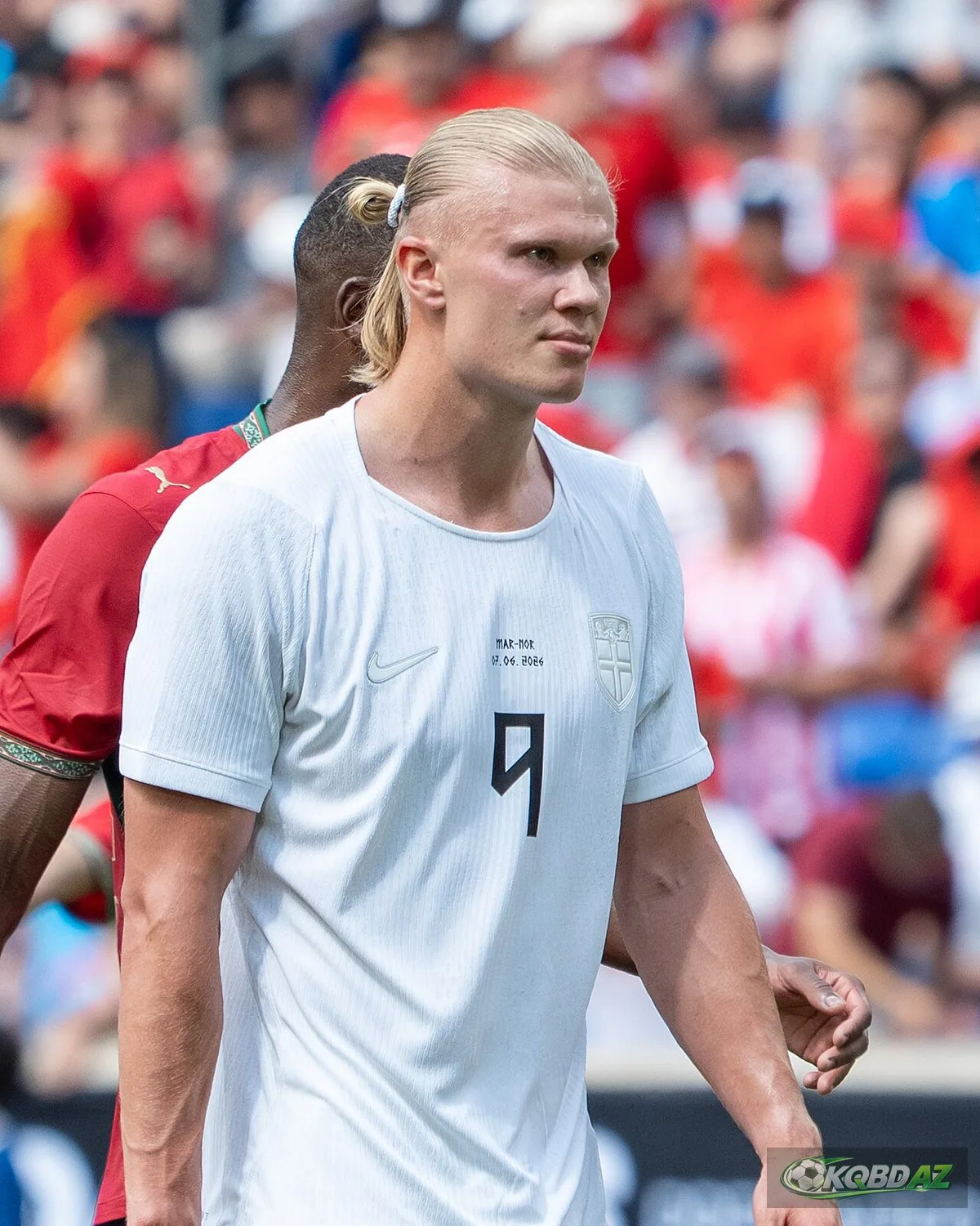 Erling Haaland mặc áo trắng số 9 của Na Uy trong trận gặp Morocco tại World Cup 2026